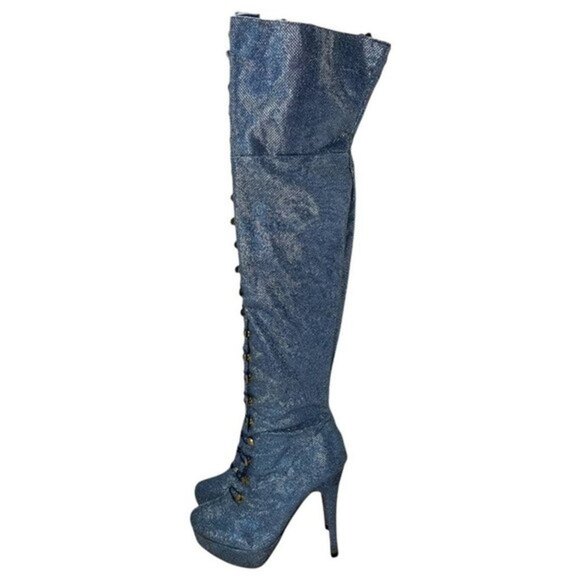 Ami Clubwear Metallic Blue Glitter Knee-High Platform Heel Boots Sparkle Size 9 - Picture 2 of 12